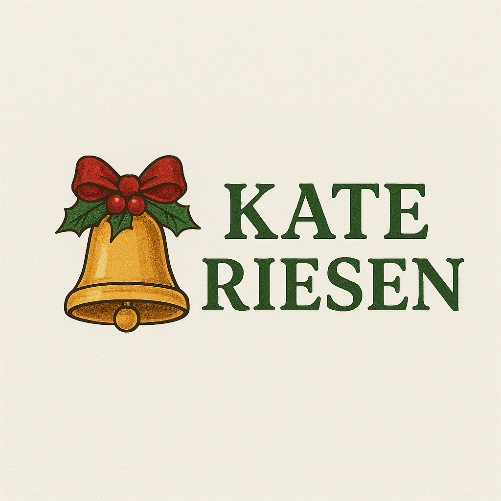 A golden bell with a red bow and holly leaves is next to the name "Kate Riesen".